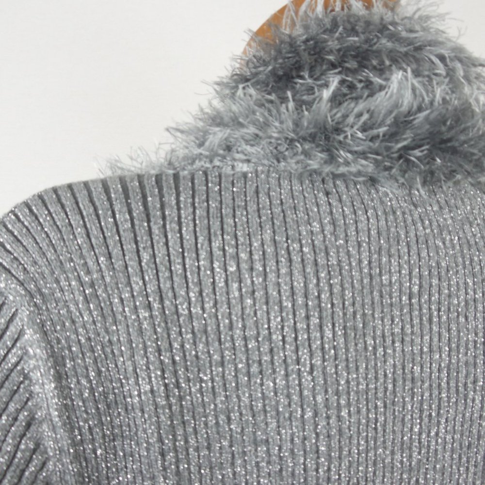LAUREN MICHELE Top L Cardigan Sweater Silver Gray Metallic Faux Fur Stretch Knit - Picture 9 of 11